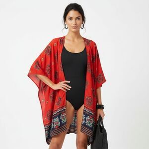 Marcus Adler Red Floral Open Front Kimono Top OS NEW
